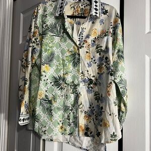 Magaschoni Floral & Leaf Printed Button-Up Blouse in Green, Yellow, Blue